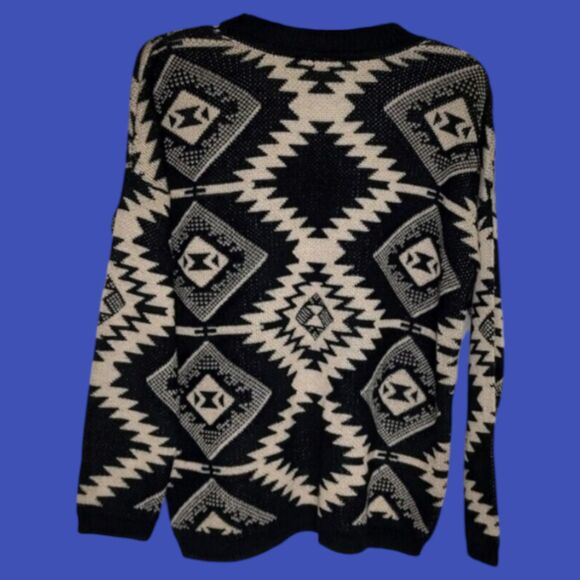 Retro Geometric Soft Tan & Black Sz MED Vintage Pullover Light Sweater The Rage - Picture 3 of 11